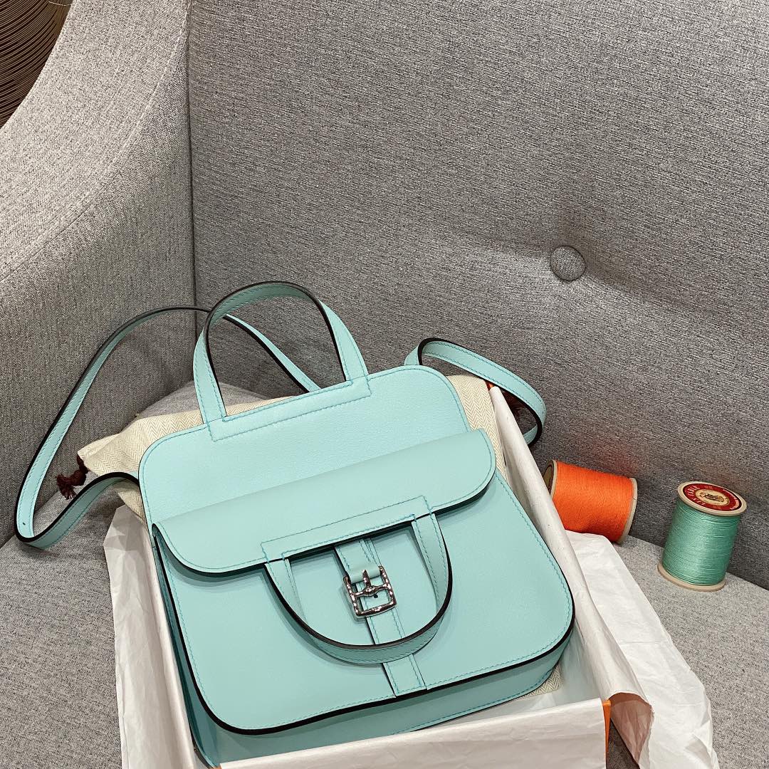 Hermes Mini Halzan 22 Handbag Shoulder Bag In Sky Blue Swift Leather